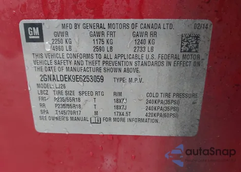 2014 Chevrolet Equinox Ltz from USA, damaged, VIN 2GNALDEK9E6253059